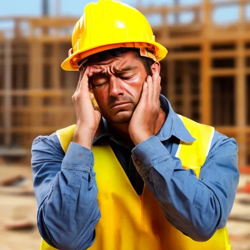 Prompt: Tired construction worker trying and failing to stay awake after a hard work day 