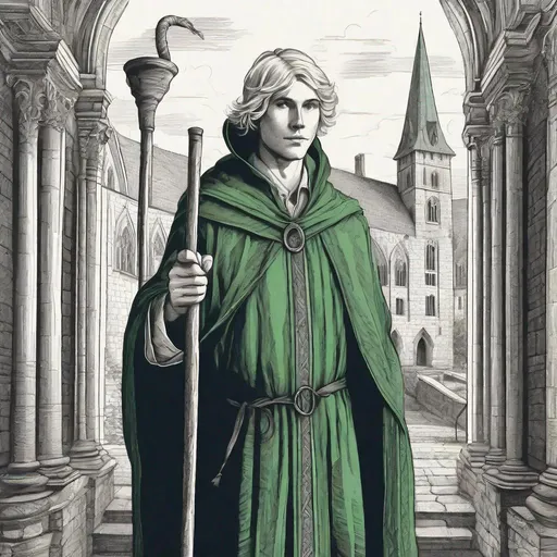 Prompt: black and white Engraving, Portrait, young male sorcerer, blonde hair, green eyes, blue robes, big slender wizard staff in hand, adventurer, symmetrical detailed face,   medieval  townhall in the background, extremely detailed,