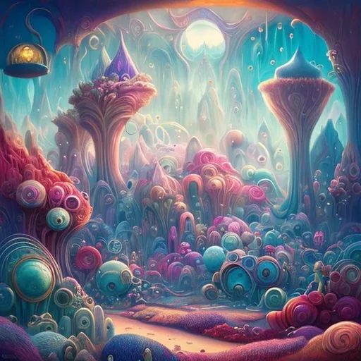 Prompt: surreal landscape with a touch of whimsy? The subject is a fantastical world with vibrant, surreal colors and a sense of playfulness. The landscape is filled with strange creatures, oversized objects, and impossible architecture. The environment is dreamlike, with a sense of wonder and magic. The mood is light and joyful, with a feeling of childlike awe. The medium is mixed media, with elements of both painting and digital art. Techniques such as collage and layering will be used to create a sense of depth and texture. The artists to draw inspiration from would be Salvador Dali, Rene Magritte, and the surrealist movement. Camera settings would not apply, as this is a mixed media piece.