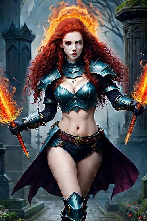 Prompt: splash art, hyper detailed perfect face, full body, hyper realistic, highly detailed, dark surreal cemetery,

beautiful, fantasy curly red hair, full body, long legs, sumptuous perfect body, ultra pale skin, visible midriff, ultimate Fantasy dark knight armor, 

wearing heavy iron locked collar, staff wielder, casting ultra detailed magic fire balls,

high-resolution perfectly detailed feminine face, perfect proportions, ample cleavage, intricate hyper detailed hair, light makeup, demonic red eyes,

Dark, ethereal, elegant, exquisite, graceful, delicate, intricate, hopeful, glamorous, immaculate

HDR, UHD, high res, 64k, cinematic lighting, special effects, hd octane render, professional photograph, studio lighting, trending on artstation, perfect studio lighting, perfect shading.