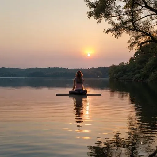 Prompt: "Imagine a serene setting by the edge of a tranquil lake. The setting sun paints the sky with soft shades of orange and pink, creating a welcoming and relaxing atmosphere. On the lakeside, a person is practicing the "Bridge Pose" (Setu Bandhasana).

With the body lying on the back, knees bent, and feet firmly grounded, the person gently lifts the hips towards the sky. The hands are extended along the body, and the gaze is directed towards the horizon, absorbing the tranquility of the scene.

The pose creates a beautiful arch shape, symbolizing the connection between the earth and the sky. As the person lifts the hips, they feel a gentle stretch in the thighs and chest, opening the heart towards the vast sky. The breath is calm and mindful, following the fluid movement of the body.

While holding the pose, the person envisions their heart opening to receive the peace and energy of the environment. They feel a gentle sense of elevation, both physically and emotionally. This pose not only stimulates blood circulation but also brings a feeling of inner renewal, making their heart smile with gratitude."