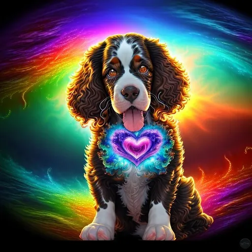 Prompt: Beautiful, Epic, Amazing, Aquatic swirl, 3D, HD, Mandelbrot Julia Fractal plasma, (Beautiful {furry!!! Springer Spaniel}puppy and happy face with {heart-shaped Sunset}), freeform psychedelic chaos ultra HD, digital painting,  oceanic background, uber detailed, 64k, high quality, sharp focus, studio photo, intricate details, highly detailed --s98500
