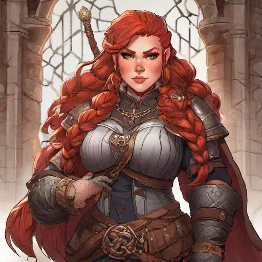 Prompt: female dwarf cleric, stout, chubby, strong, chainmail, confident, braided red hair, busty, anime style, severe facial scars, long shot, DnD portrait, fantasy art, no makeup