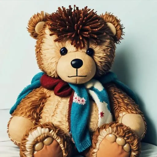 Prompt: cuddly, tattered teddy bear