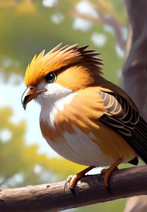 Prompt: UHD, , 8k,  oil painting, Anime,  Very detailed, zoomed out view of character, HD, High Quality, Anime, , Pokemon, Pidgey is a small, plump-bodied avian Pokémon with sharp facial features. It is primarily brown with a cream-colored face, underside, and flight feathers. On top of its head is a short crest of three tufts. The center crest feathers are brown and the outer two tufts are cream-colored. Just under its crest are its narrow eyes which have white sclera and pupil along with its black irises. Angular black marking extend from behind its eyes and continue down its cheeks. It has a short, stubby beak and feet with two toes in front and one in back. Both its beak and feet are a grayish-pink. It has a short, brown tail made of three feathers.

Pidgey has an extremely sharp sense of direction and homing instincts. It can travel straight back to its nest regardless of how far away they might have flown. It is a docile Pokémon and generally prefers to flee from its enemies rather than fight them. By flapping its wings rapidly, it can whip up dust clouds and create whirlwinds to protect itself and flush out potential pre

Pokémon by Frank Frazetta