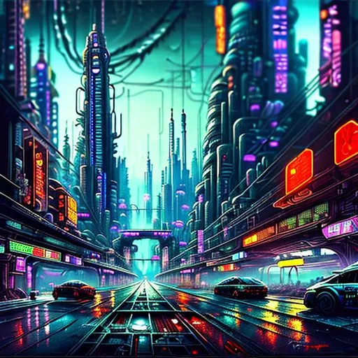 Prompt: ((best quality)), ((masterpiece)), intricately detailed, cyberpunk, futuristic city, night city, neon, train, floating cars