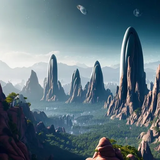 Prompt: A beautiful vista of a breathtaking, alien world with a small city of futuristic architecture.