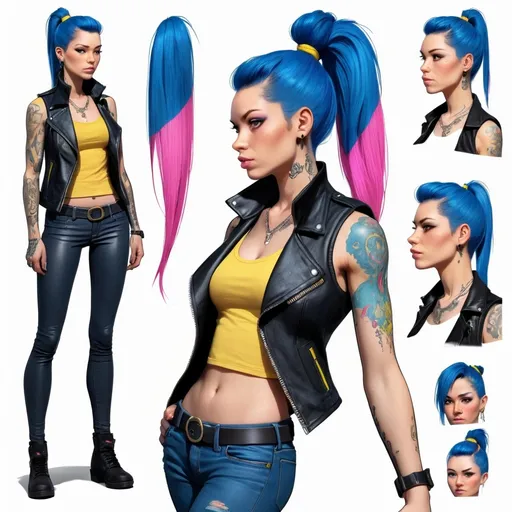 Prompt: Character design sheet woman blue-pink ponytail black leather vest with yellow accents,tattoos
