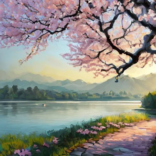 Prompt: A spring dawn near a large river with islands, we are looking towards a large blooming Magnolia tree in the middle of one of the island, digital art