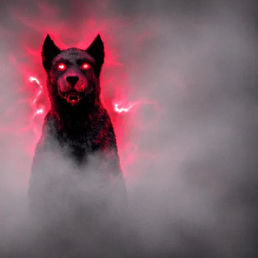 Prompt: hellhound with glowing eyes in a red mist
