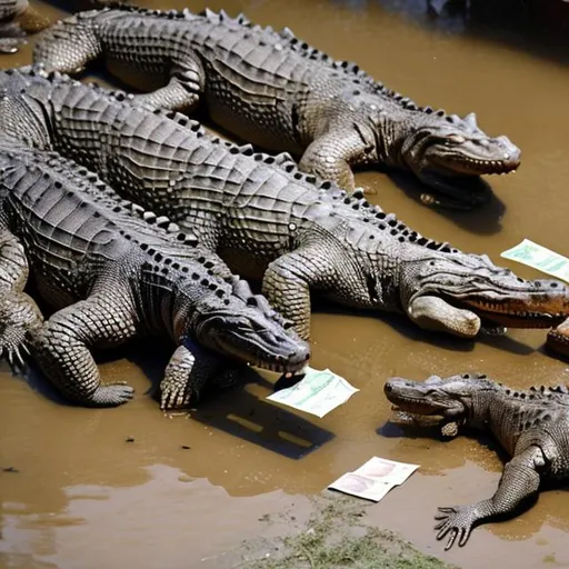 Prompt: Crocodiles counting money in oil