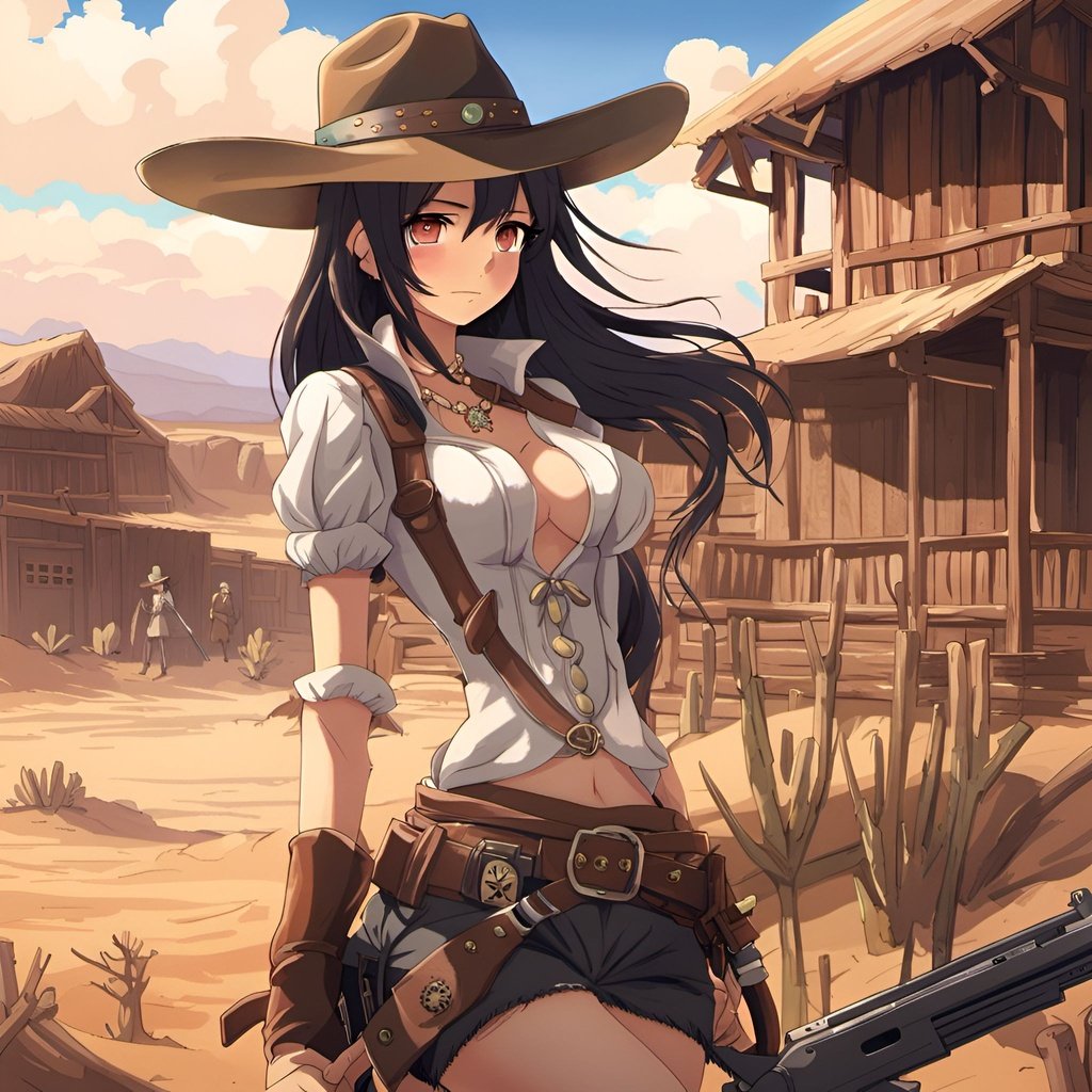 cowboy anime style with revolver walking beside a mu...
