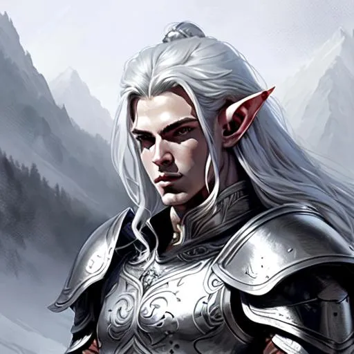 Prompt: handsome male elf warrior with long silver hair, silver plate armor, greatsword, pale skin, detailed background, snowy mountainside, portrait, cinematic lighting, highly detailed, digital painting, trending on artstation, pixiv, concept art, sharp focus, illustration, art by keith parkinson