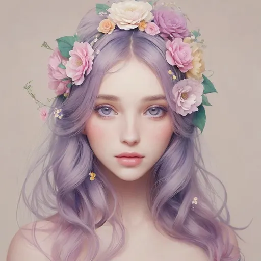 Prompt: Beautiful creation, woman with flowers in her hair, pastel colors