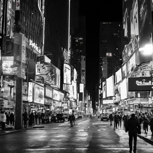 Prompt: walking a dark new york street alone one man in midnight. 
some lights end of the street but not to much.