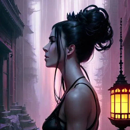 Prompt: 1girl, breathtaking evocative tall lanky Yurei dark fantasy horror portrait photo of gorgeous sweaty magical warrior with muscular toned body, beautiful suggestive dnd adventurer character concept by Ferdinand Knab, Liam Wong, Stephan Martinière, Guillermo del Toro, Nan Goldin, Gregory Crewdson, Thomas Kinkade, Aron Wiesenfeld, John Atkinson Grimshaw, Anton Semenov, dramatic pose, tight fitting tattered well worn scuffed and dirty corset armor, battle worn, photoreal, photorealism, majestic castle in the background, raining twilight sky, crystalline lake, otherworldly, dreamlike, powerful aura, symmetrical outfit, crisp Pinterest cosplay portrait, glistening wet skin.