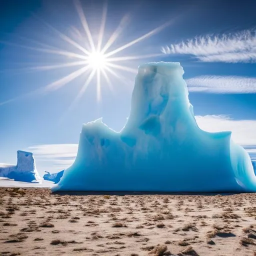 Prompt: giant iceberg in the desert between sand dunes, hyperrealistic imaging, highly detailed, strong sunlight, 8K