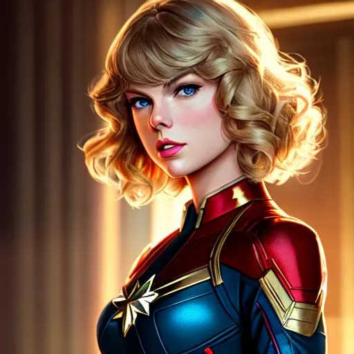 Prompt: Taylor Swift as Captain Marvel, beautiful photograph of most beautiful fictional, extremely, detailed environment, detailed background, intricate, detailed skin, natural colors , professionally color graded, photorealism, 8k, moody lighting.