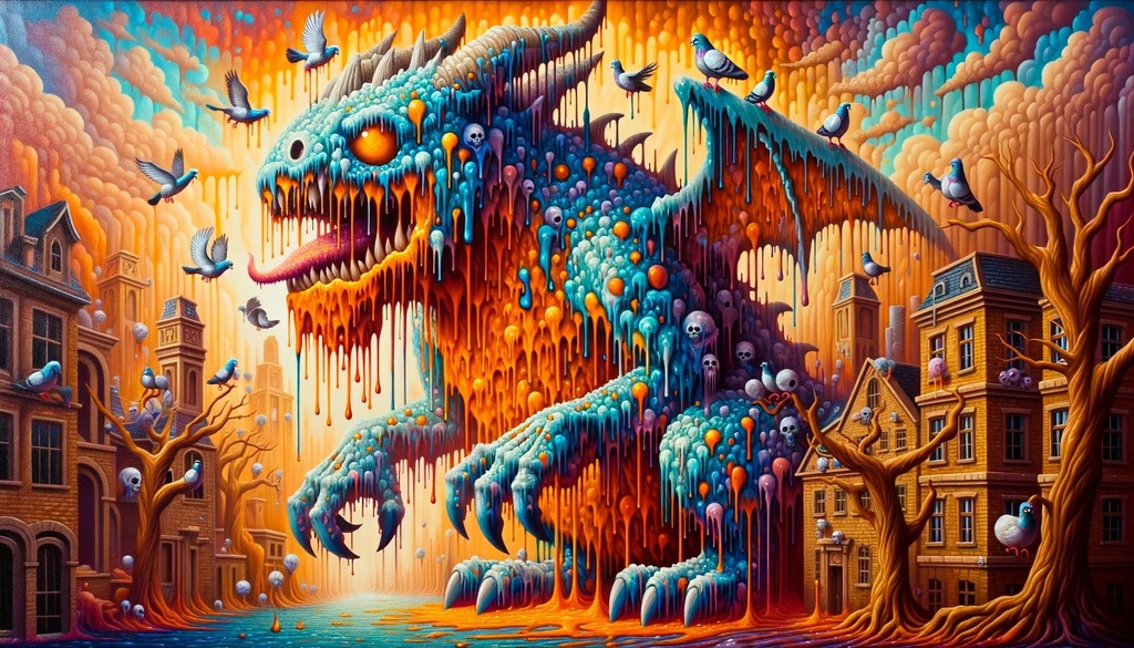 Prompt: Oil painting in a dripping paint style: A majestic pixelated monster, colored in shades of blue and orange, stands as the centerpiece of this artwork. It appears as if the monster is filled with juice, with paint dripping from its form, merging with the landscape below. The world around it is surreal, with pigeoncore elements, such as exaggerated pigeons perched on buildings and trees. Skull motifs are intricately woven into the environment, giving it a gothic touch. The warm color palette used makes the scene feel cozy and inviting, despite its eerie undertones.