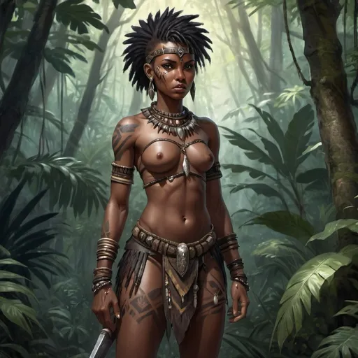 Prompt: Full body, Fantasy illustration of a black female tribal warrior, 26 years old, beautiful, very dark black skin, very short hair spikes, loincloth, tribal jewellery, wary expression, high quality, rpg-fantasy, detailed, in a tropical forest 