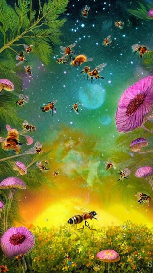 Prompt: tiny Honeybees, small beehive in tree, wild flowers, forest mushrooms, colorful forest, bright starry sky, high detail, digital art