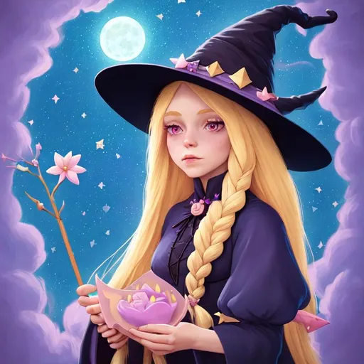 Prompt: witch with long blonde hair, casting spells, wearing witch hat, cute, flowers, aesthetic, pastel, fairycore, disney, pixar, moon, stars, witchcraft, in a starry pastel sky,  clouds, steven universe, sweet, dreamy, award winning illustration, artstation, highres