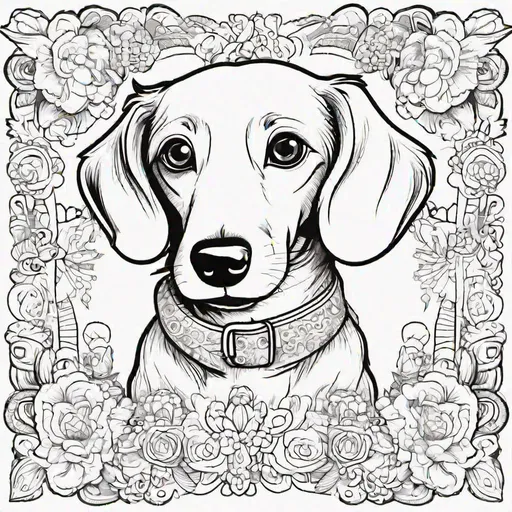 Prompt: coloring book template, cute, dachshund, coloring page for kids, pen drawing, without colors, ultra detailed, 4k, white border, chute cartoon style