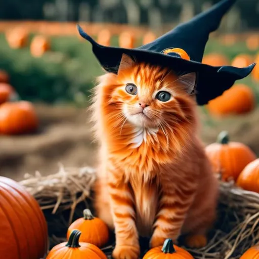Prompt: A cute orange kitten sitting in a pumpkin patch wearing a witch hat looking at the camera 