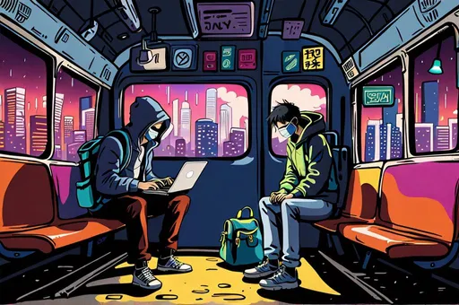 Prompt: artist working on his laptop, sitting on a train, neon ambient, loft style, Tokyo, background rain window, bag of spray cans, backpack, graffiti tags, dim light, cyberpunk, some background people, night