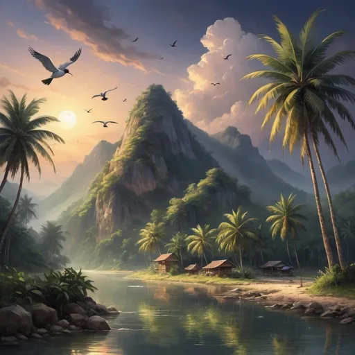 Prompt: In the twilight atmosphere, the mountain is surrounded by beauty, and the river flowing through the mountain gives a serene feeling. The pointed end of the mountain is silent and solemn, as if waiting for people to come and experience the tranquility. In the evening, birds fly beside the sun, which is about to disappear into the sky, with beautiful harmonious sounds. Coconut trees stand quietly, and bird families are flying back to their nests, filling everyone's hearts with happiness and peace.