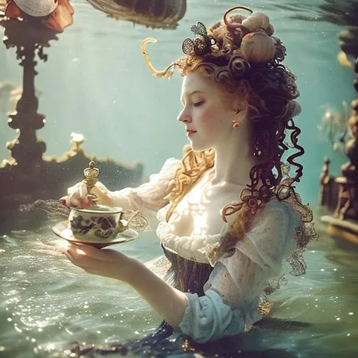 Prompt: woman in 18th century dress underwater having tea.  Hair, flowing fabric, bubbles.  tea cups, saucers, tea pots.  Curls, ribbons, lace.