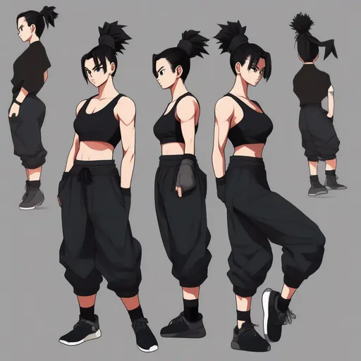Prompt: dragon ball style, young adult female, wearing black top, black baggy pants, black short ponytail, black eyes, working out.