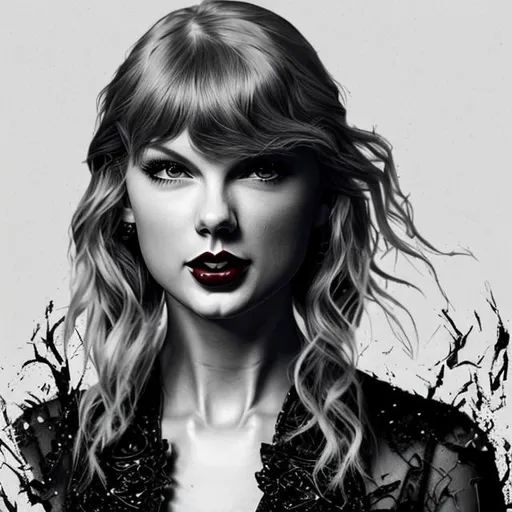 Prompt: generate me a Taylor Swift album cover concept with no words whatsoever on it as a redisign of her album cover for Reputation, which features a portrait of taylor in dark lipstick in black and white, a gothic aesthetic true to her era of Reputation. it must be highly realistic detailed, 4k HD , a detailed face with no words. it must be very dark and must  include a golden or black snake as Taylor often used them on her tour. she Has to have long hair, preferably in a braid