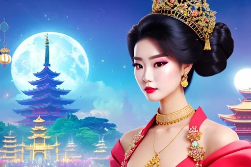 Prompt: head-on, surreal cartoon, high fashionista pose, glossy, walking toward viewer, stunning Japanese queen with hair pulled back into a bun, she is dressed like a summer queen, dramatic jewelry, statement necklace, background is architecture lit by the moon,  trending on artstation