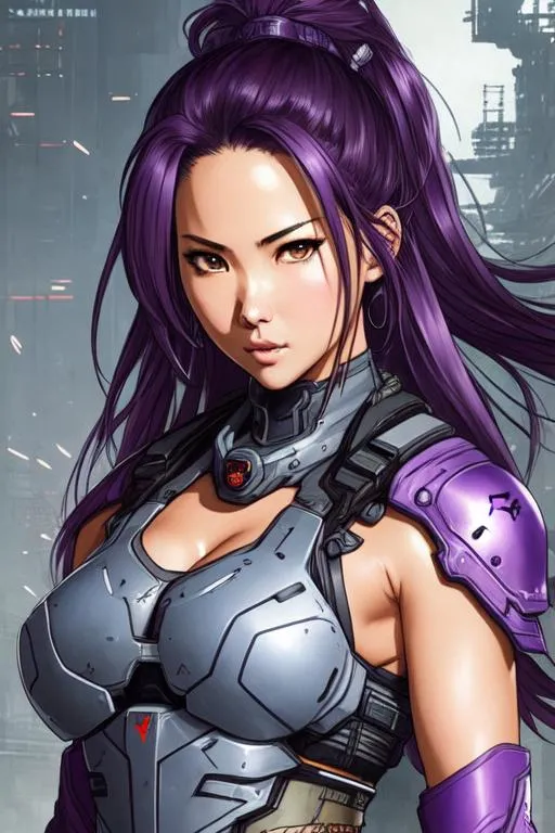 Prompt: (((Yoji Shinkawa))), sticker of ultra detailed portrait of Olivia Munn as a futuristic ninja,  high quality cell shaded illustration in post apocalyptic style by Yoji Shinkawa, ((full body)), dynamic pose, perfect anatomy, purple armor, centered, freedom, soul, black long hair, approach to perfection, cell shading, 4k , cinematic dramatic atmosphere, watercolor painting, global illumination, detailed and intricate environment, artstation, concept art, fluid and sharp focus, volumetric lighting, cinematic lighting, Art by Yoji Shinkawa,