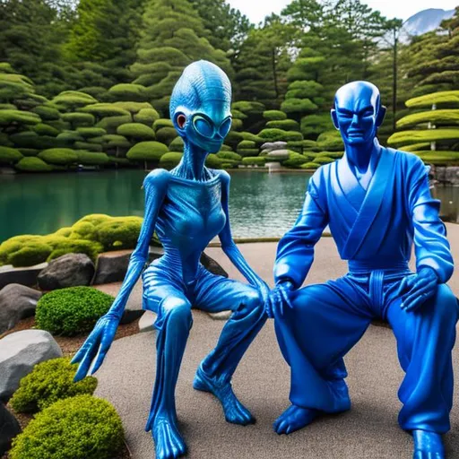 Prompt: Alien Woman in a Blue Dress and an Alien Man in a blue jumpsuit sitting in a Japanese Garden by a Lake.