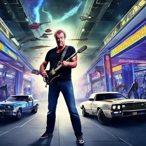 Prompt: Bodybuilding Jeremy Clarkson, playing guitar for tips in a busy alien mall, widescreen, infinity vanishing point, galaxy background