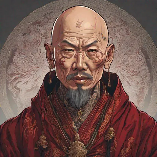 Prompt: Portrait of bald, sinister Asian wizard. Tattooed scalp, dark red robes. Mid-body shot, highly detailed, character illustration, 8k.