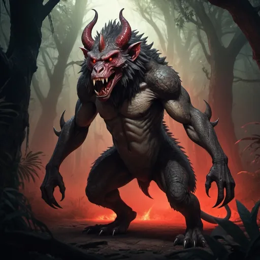 Prompt: Full body, Fantasy illustration of a horned monster, mix of monitor lizard and baboon with huge pointed horns, red fiery eyes, sharp teeth and fangs, dark and eerie lighting, spooky atmosphere,
 Omnious appearance, RPG-fantasy, intense, detailed, game-rpg style, otherwordly ambiance, tropical forest 