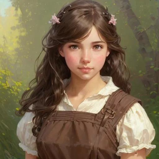 Prompt:      A girl, with chocolate brown hair that goes all the way down to my bottom, hazel brown eyes and light dark tan skin extremely detailed, realistic. Krenz Cushart + loish +gaston bussiere +craig mullins, j. c. leyendecker +Artgerm, oil painting texture oil painting effect Krenz Cushart + loish +gaston bussiere +craig mullins, j. c. leyendecker +Artgerm, oil painting texture.