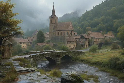 Prompt: Bustling medieval village, tall castle, ivy covered church, stone bridge over river, rolling forested hills, rainy, muddy, highres, detailed, medieval, rainy atmosphere, immersive, historical, lush greenery, atmospheric lighting