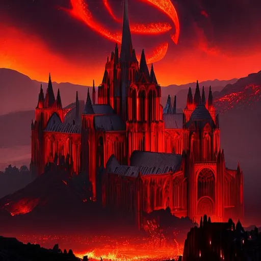 Prompt: mustafar, lava planet, gothic cathedral, castle, fortress, spires, night