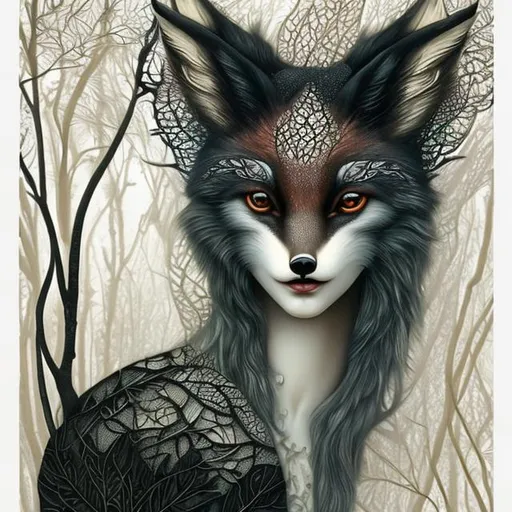 Prompt: "forest fox with black hair, black lace leaves, on white background, surreal, detailed, christian schloe"