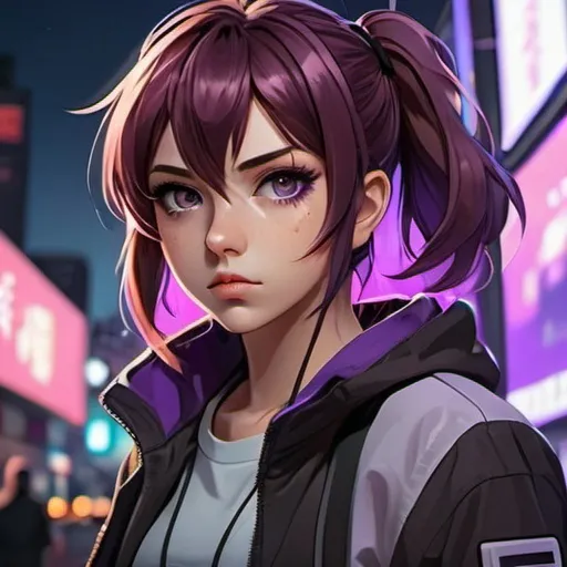 Prompt: Anime illustration of a gamer girl with brown and purple hair, detailed brown eyes, intense and focused gaze, cool-toned color palett, urban landscape with neon lights, best quality, anime, cool tones, detailed hair, futuristic, professional, atmospheric lighting
