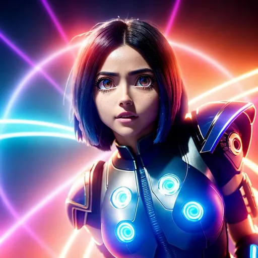 Prompt: Alita battleangel,  blunt bob hair style, She turn back and looking the camera, watching earth is burning from the space, wearing swimsuit, so beautiful eyes, full portrait body, gradient eye color red and blue and purple, highness quality photo, high quality detail, 8k, high resolution, neon retro art style, a retro neon road in background, super HD image