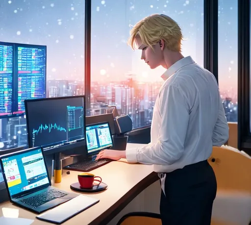Prompt: Big yellow Dog happily sleeping on desk, man standing, Anime, wavy blond haired young man standing inside apartment at night studying at computer desk with yellow dog sleeping on desk (man has buzzed super short hair, blue eyes, casual clothes), 2 extremely large computer screens show price charts, computers show green and red candles, large window behind man shows winter high res snowy foggy downtown city skyscrapers in background, highly detailed, ultra realistic, 8K, late-night, anime digital art, unreal engine 5, yellow labrador retriever in foreground on desk, 2 computer screens, winter background, colours