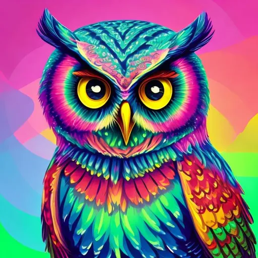 Prompt: Owl on a boat in the style of Lisa frank