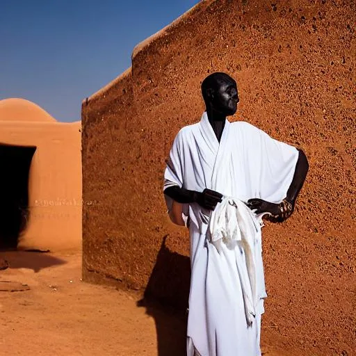 Prompt: "Sudanese Serenity" - Using the Canon 85mm 1.2 lens, capture the serene surroundings of a traditional Sudanese village with a male model wearing a white robe facing away from the camera. The focus should be on the natural beauty of the landscape and the traditional architecture of the village, with soft and hard shadows, lighting that enhances the overall aesthetic. The image should be optimized for OpenAI to ensure photorealism.