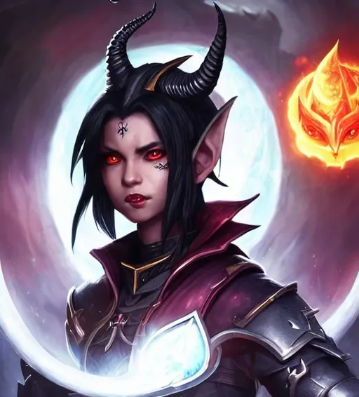 Prompt: Full Portrait of Female Tiefling with Black hair and with cute face Devil horns on top of head Dark Black Skin humanoid body with Devil tail, Armored Mage, Fantasy background, perfect composition, hyperrealistic, super detailed, 8k, high quality, trending art, trending on artstation, sharp focus, studio photo, intricate details, highly detailed, by greg rutkowski