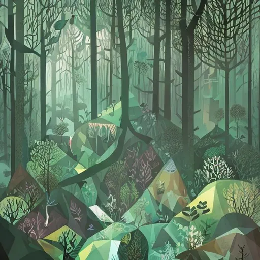 Prompt: dense forest with a center triangle to another dimension, whimsical colors inside  